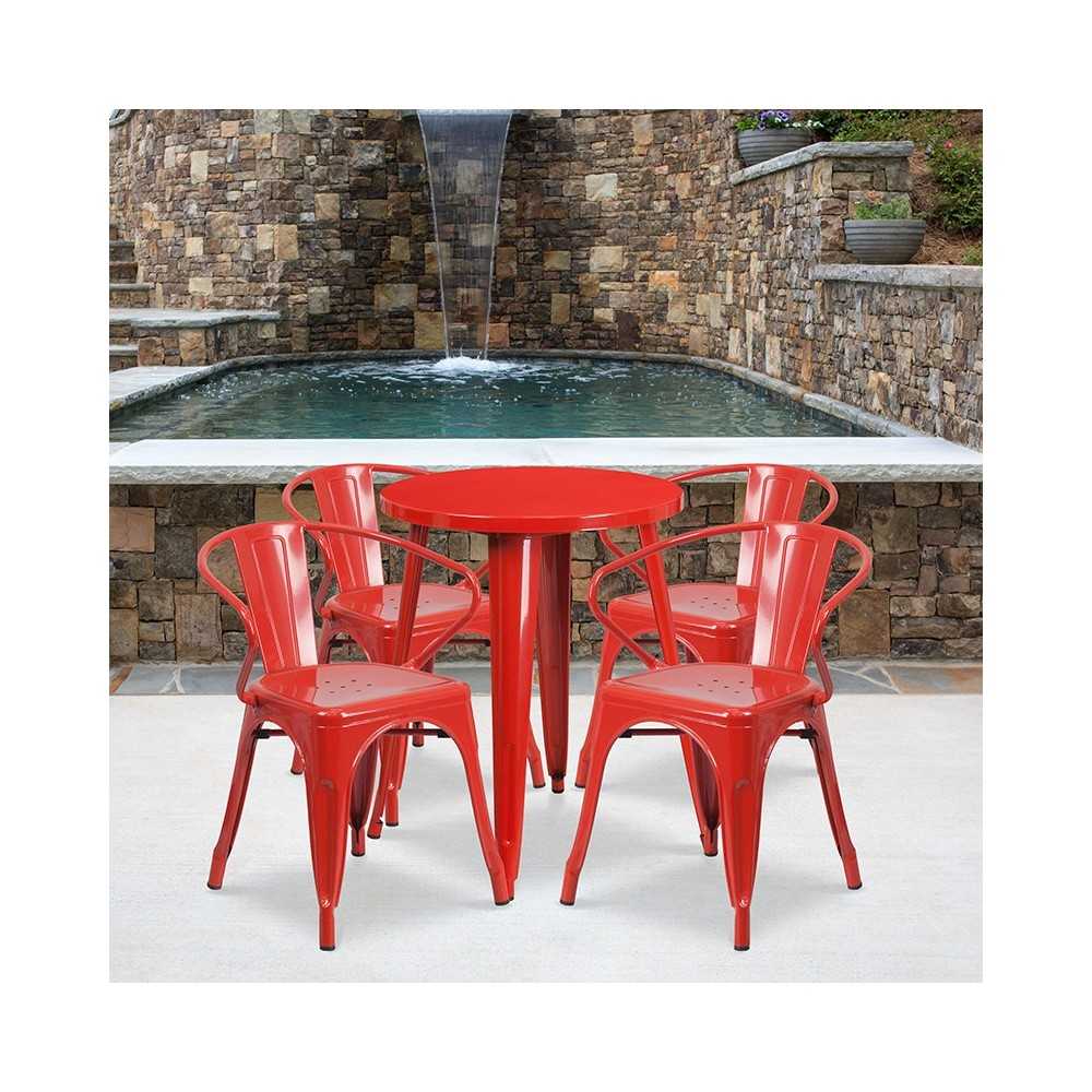 Commercial Grade 24" Round Red Metal Indoor-Outdoor Table Set with 4 Arm Chairs