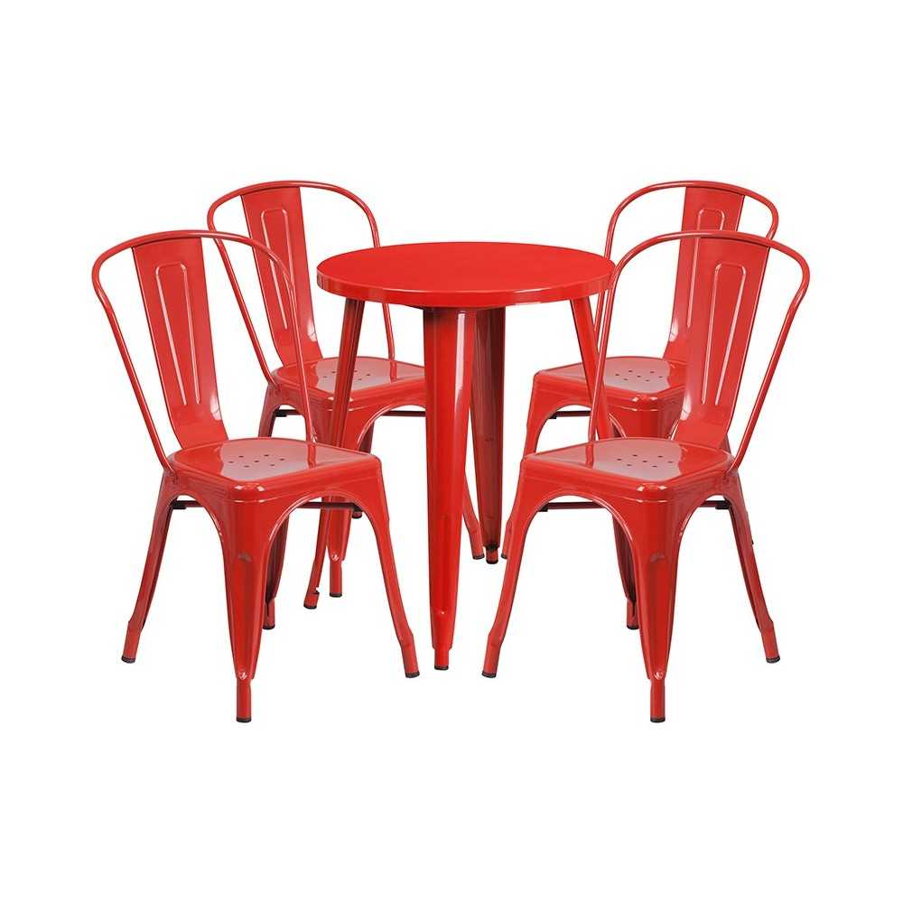 Commercial Grade 24" Round Red Metal Indoor-Outdoor Table Set with 4 Cafe Chairs