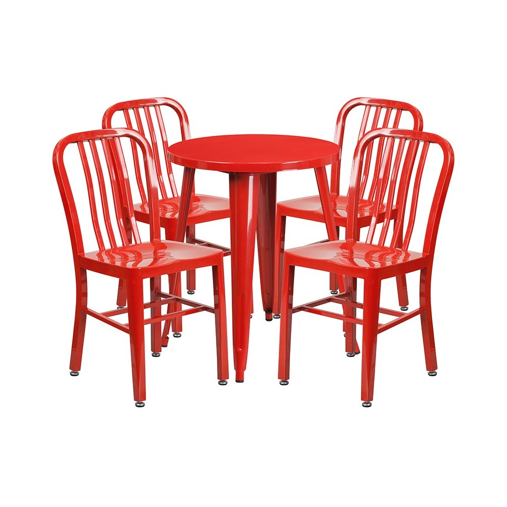 Commercial Grade 24" Round Red Metal Indoor-Outdoor Table Set with 4 Vertical Slat Back Chairs