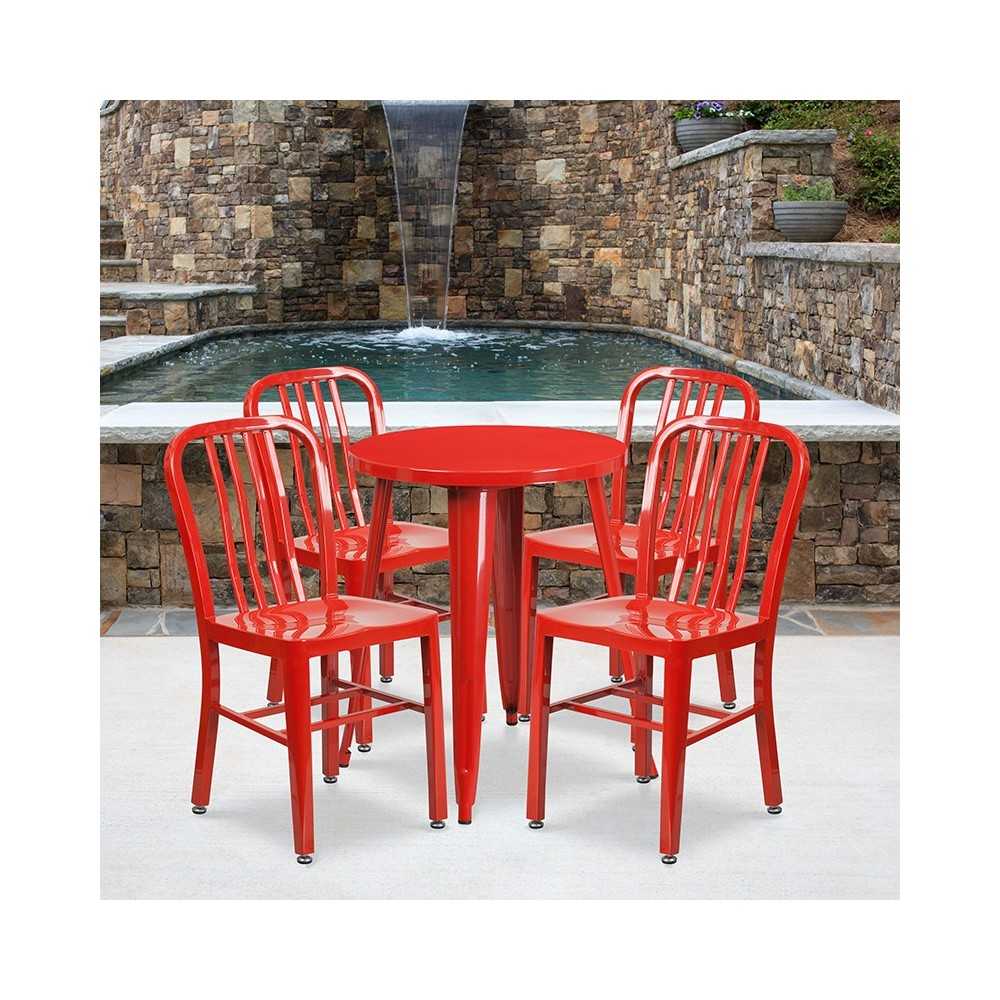 Commercial Grade 24" Round Red Metal Indoor-Outdoor Table Set with 4 Vertical Slat Back Chairs