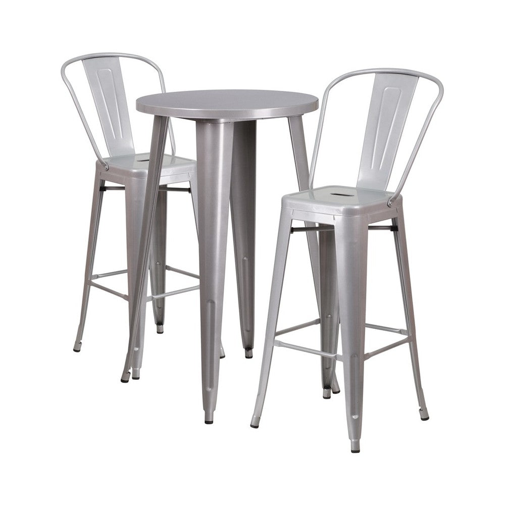 Commercial Grade 24" Round Silver Metal Indoor-Outdoor Bar Table Set with 2 Cafe Stools