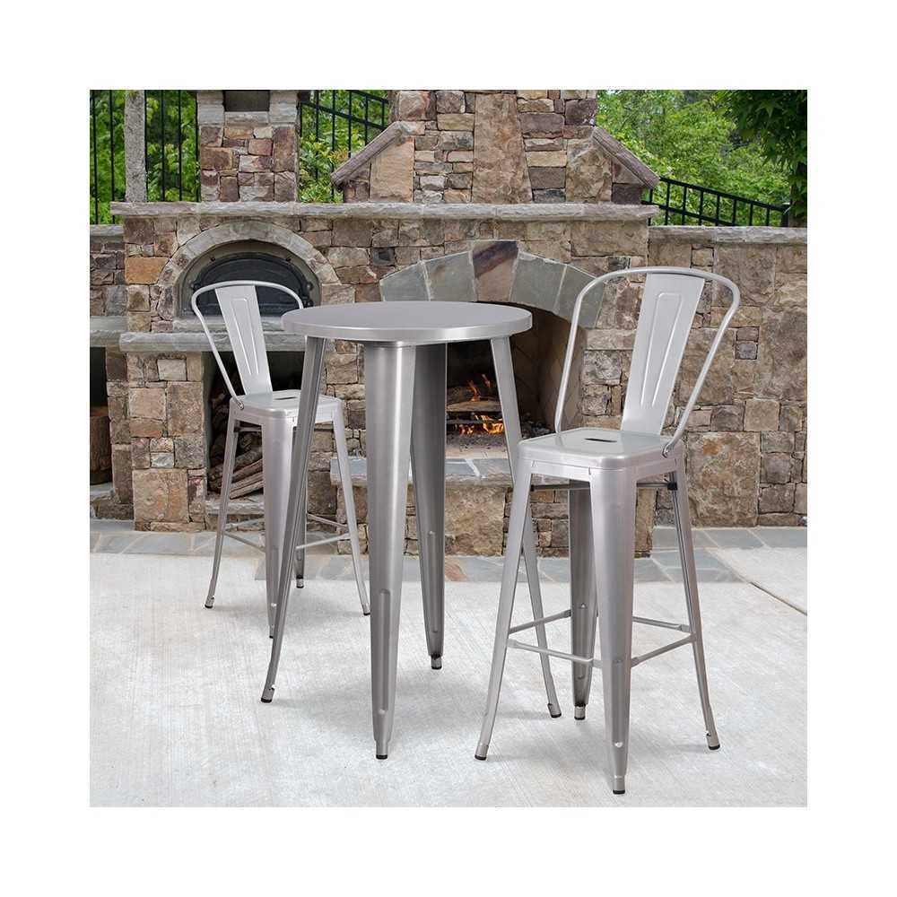 Commercial Grade 24" Round Silver Metal Indoor-Outdoor Bar Table Set with 2 Cafe Stools