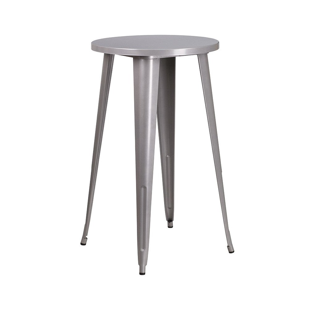 Commercial Grade 24" Round Silver Metal Indoor-Outdoor Bar Table Set with 2 Cafe Stools