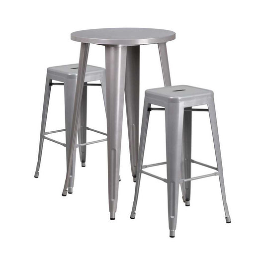 Commercial Grade 24" Round Silver Metal Indoor-Outdoor Bar Table Set with 2 Square Seat Backless Stools