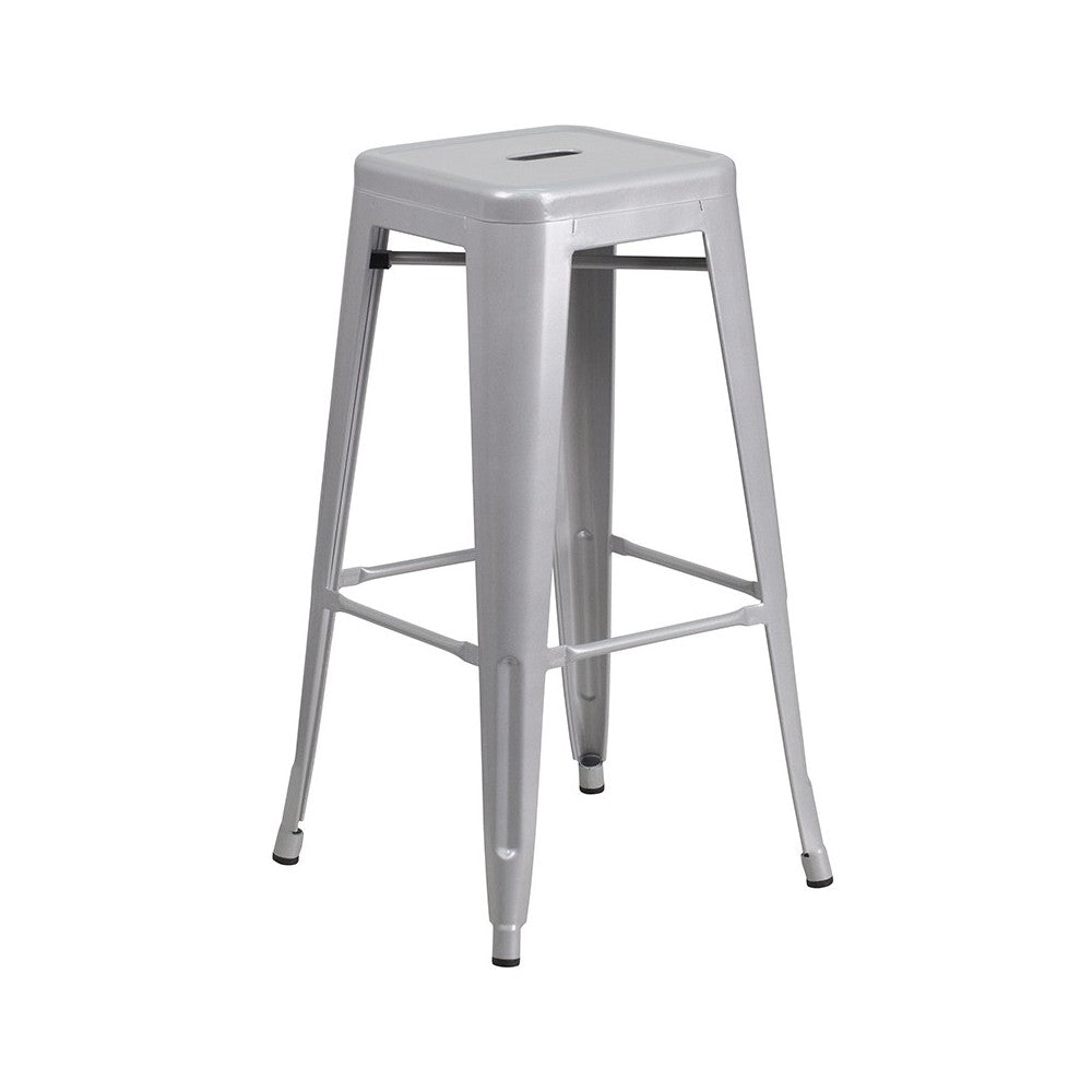 Commercial Grade 24" Round Silver Metal Indoor-Outdoor Bar Table Set with 2 Square Seat Backless Stools