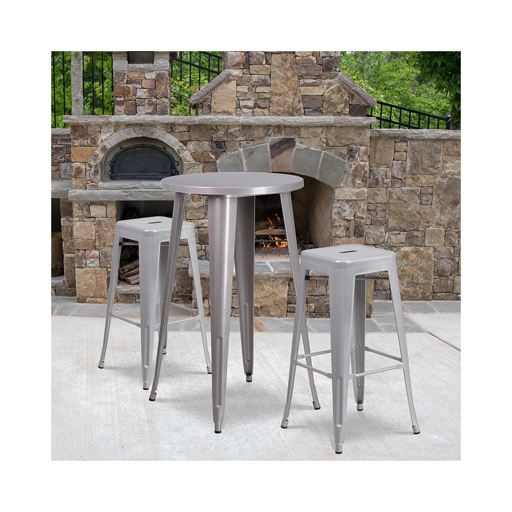 Commercial Grade 24" Round Silver Metal Indoor-Outdoor Bar Table Set with 2 Square Seat Backless Stools