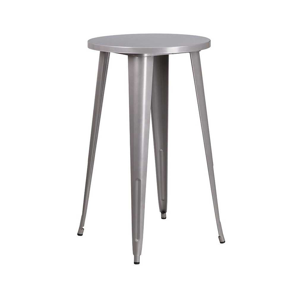 Commercial Grade 24" Round Silver Metal Indoor-Outdoor Bar Table Set with 2 Square Seat Backless Stools