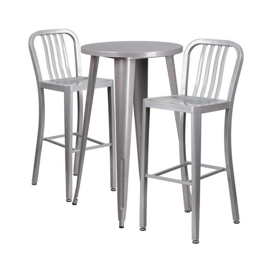 Commercial Grade 24" Round Silver Metal Indoor-Outdoor Bar Table Set with 2 Vertical Slat Back Stools