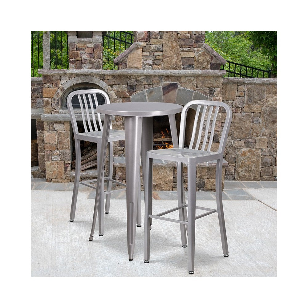 Commercial Grade 24" Round Silver Metal Indoor-Outdoor Bar Table Set with 2 Vertical Slat Back Stools