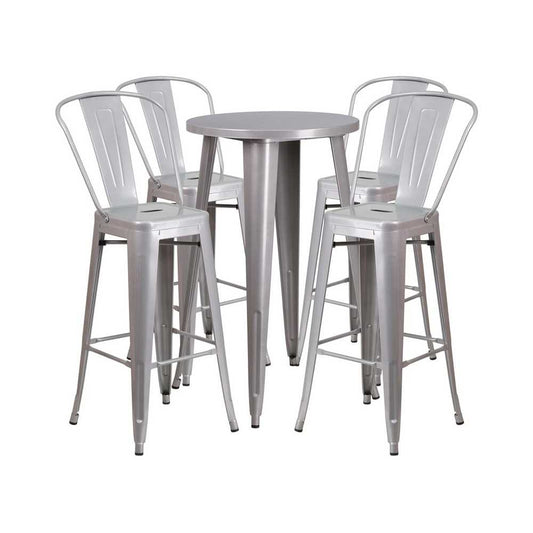 Commercial Grade 24" Round Silver Metal Indoor-Outdoor Bar Table Set with 4 Cafe Stools