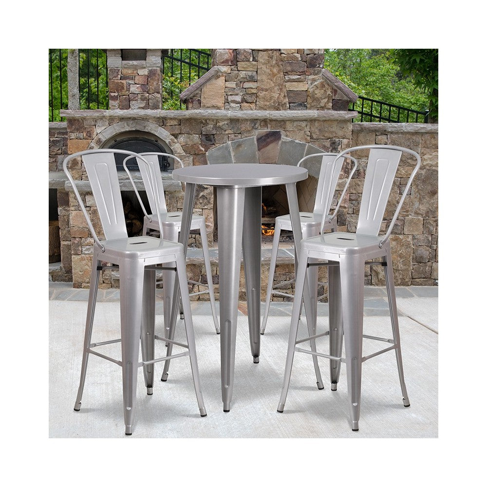 Commercial Grade 24" Round Silver Metal Indoor-Outdoor Bar Table Set with 4 Cafe Stools