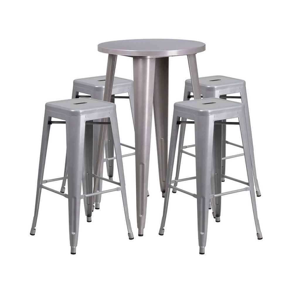 Commercial Grade 24" Round Silver Metal Indoor-Outdoor Bar Table Set with 4 Square Seat Backless Stools