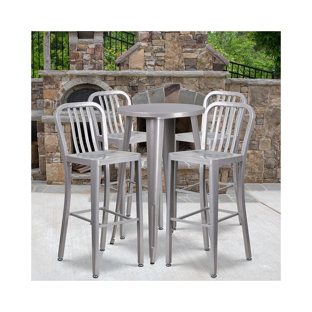Commercial Grade 24" Round Silver Metal Indoor-Outdoor Bar Table Set with 4 Vertical Slat Back Stools
