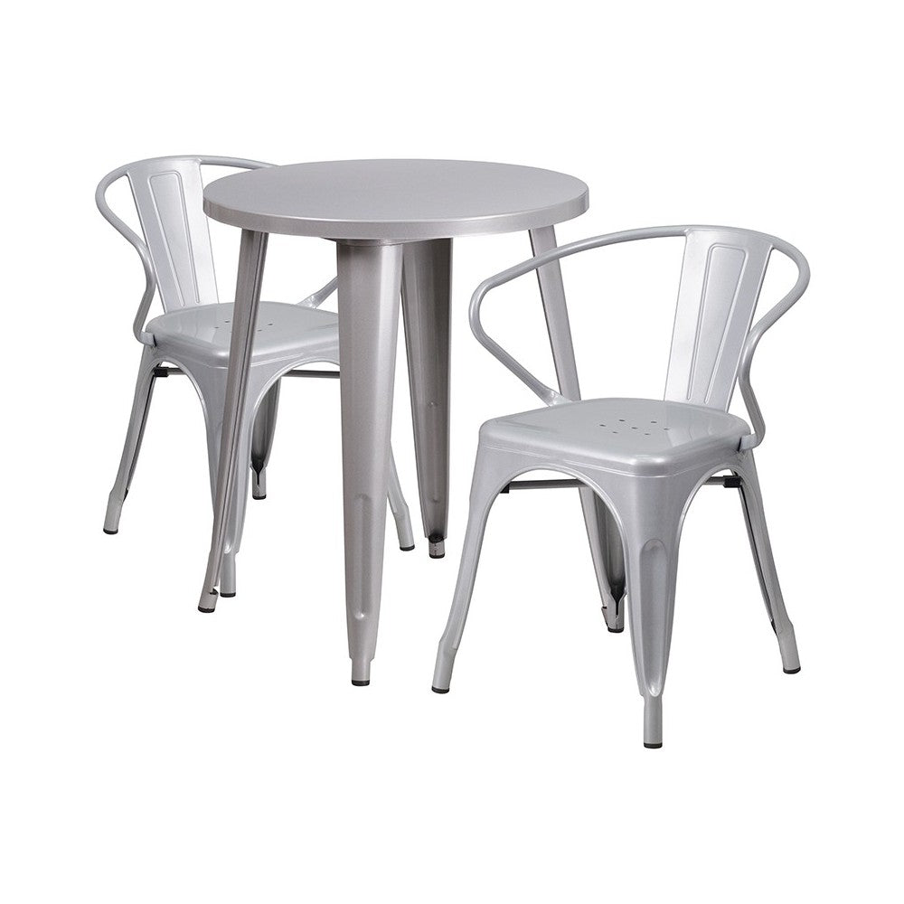 Commercial Grade 24" Round Silver Metal Indoor-Outdoor Table Set with 2 Arm Chairs