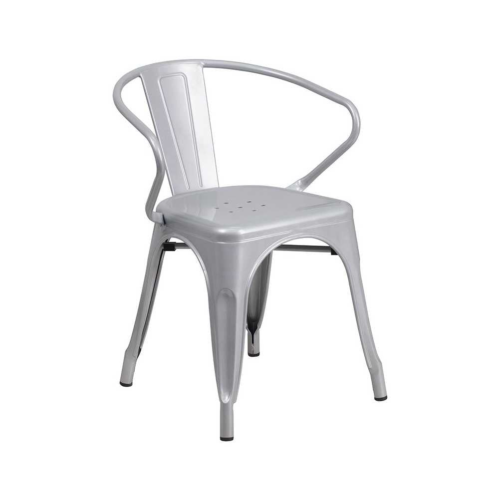Commercial Grade 24" Round Silver Metal Indoor-Outdoor Table Set with 2 Arm Chairs