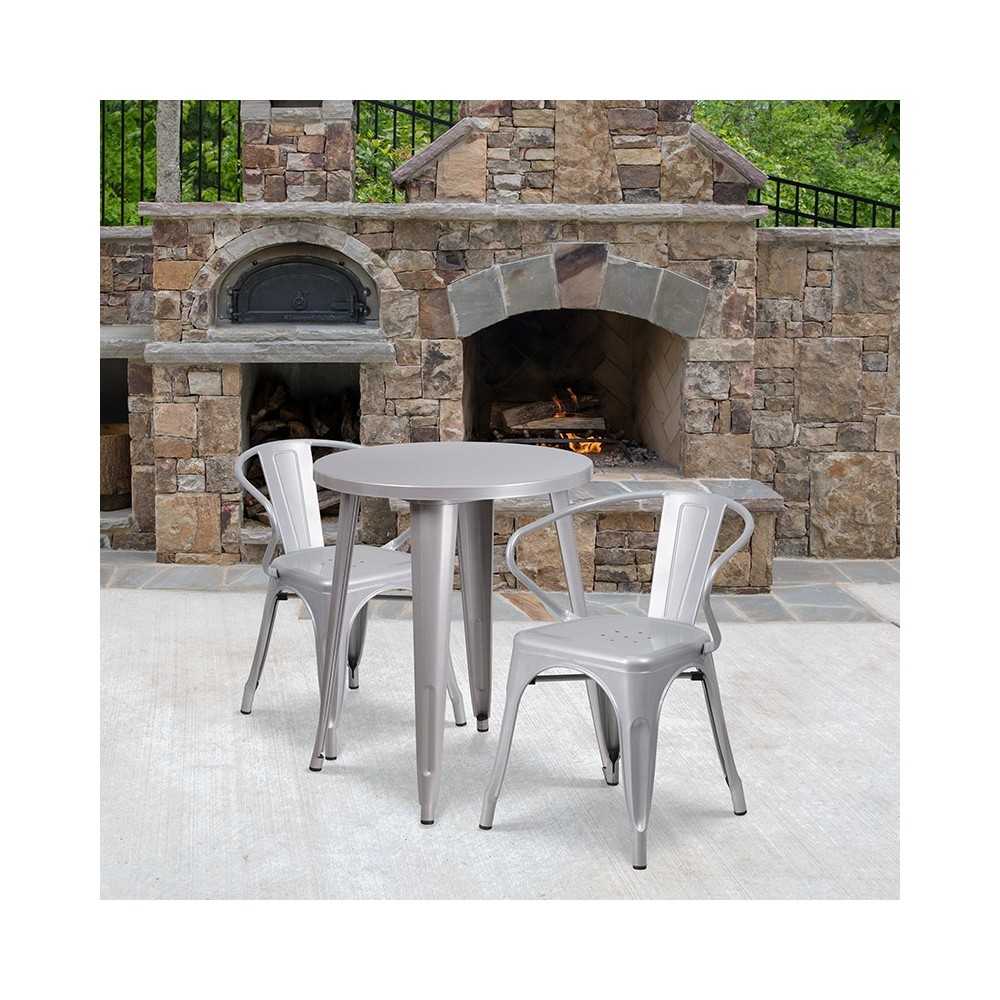Commercial Grade 24" Round Silver Metal Indoor-Outdoor Table Set with 2 Arm Chairs