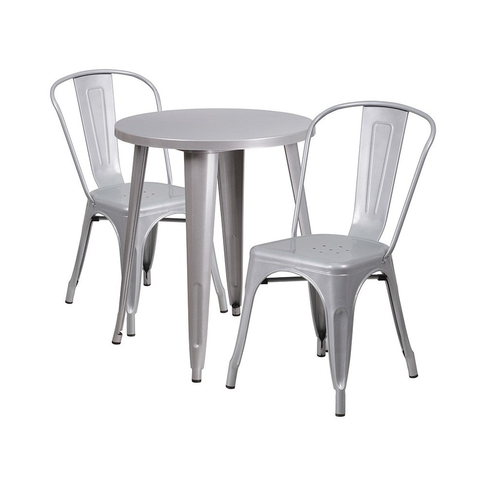 Commercial Grade 24" Round Silver Metal Indoor-Outdoor Table Set with 2 Cafe Chairs