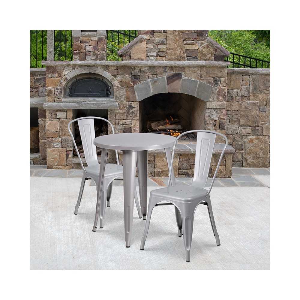 Commercial Grade 24" Round Silver Metal Indoor-Outdoor Table Set with 2 Cafe Chairs