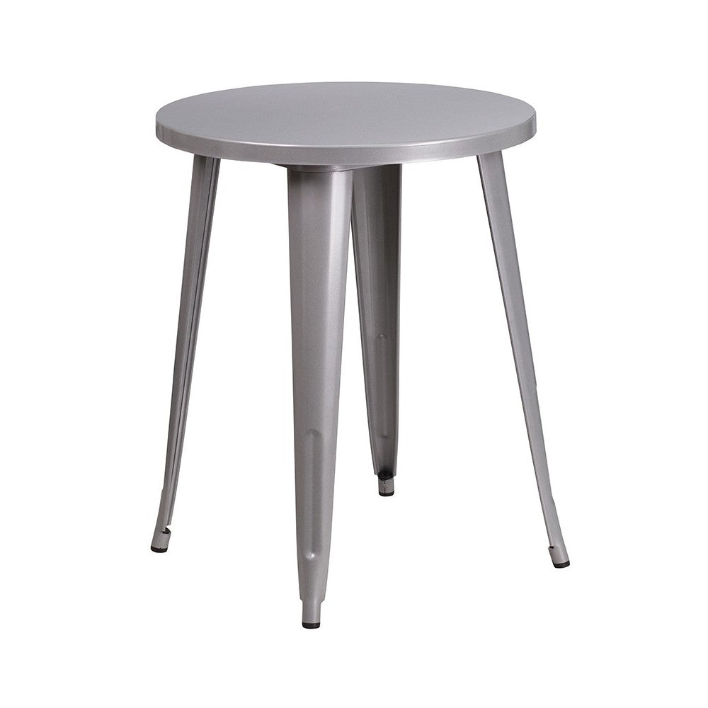 Commercial Grade 24" Round Silver Metal Indoor-Outdoor Table Set with 2 Vertical Slat Back Chairs
