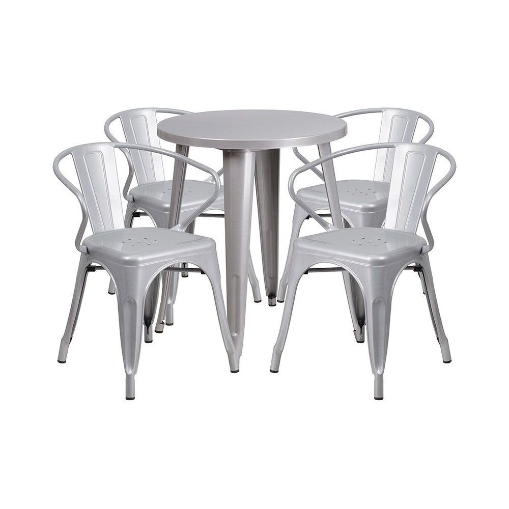 Commercial Grade 24" Round Silver Metal Indoor-Outdoor Table Set with 4 Arm Chairs