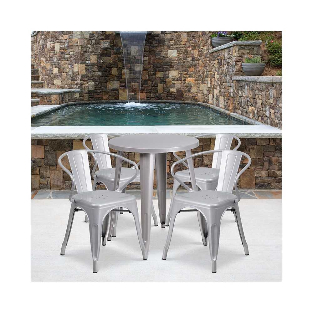 Commercial Grade 24" Round Silver Metal Indoor-Outdoor Table Set with 4 Arm Chairs