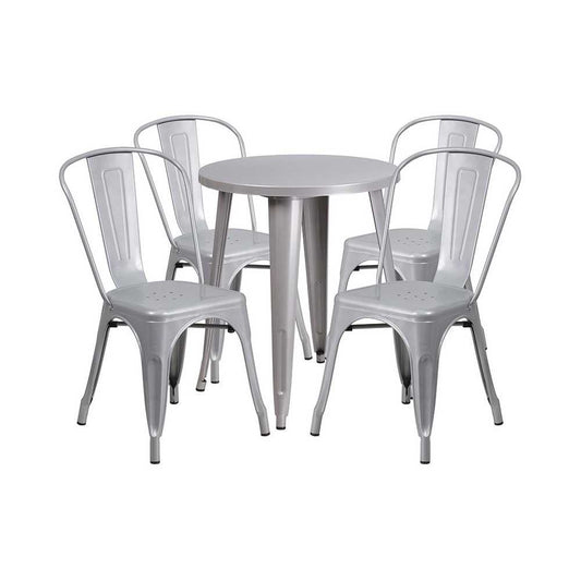 Commercial Grade 24" Round Silver Metal Indoor-Outdoor Table Set with 4 Cafe Chairs