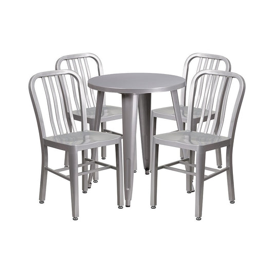 Commercial Grade 24" Round Silver Metal Indoor-Outdoor Table Set with 4 Vertical Slat Back Chairs