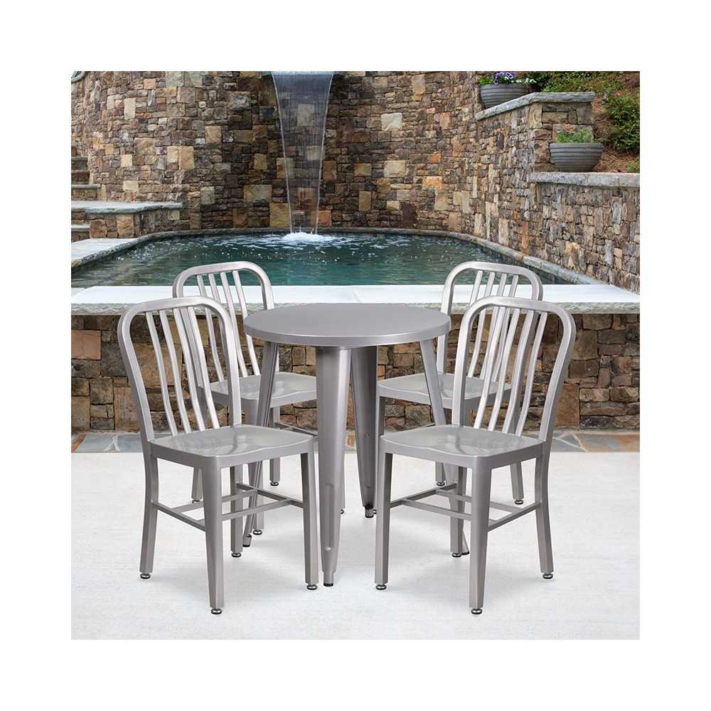 Commercial Grade 24" Round Silver Metal Indoor-Outdoor Table Set with 4 Vertical Slat Back Chairs