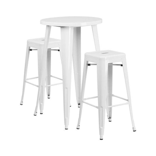 Commercial Grade 24" Round White Metal Indoor-Outdoor Bar Table Set with 2 Square Seat Backless Stools