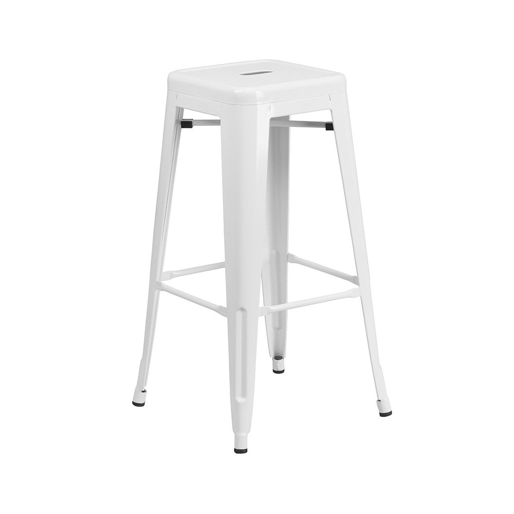 Commercial Grade 24" Round White Metal Indoor-Outdoor Bar Table Set with 2 Square Seat Backless Stools