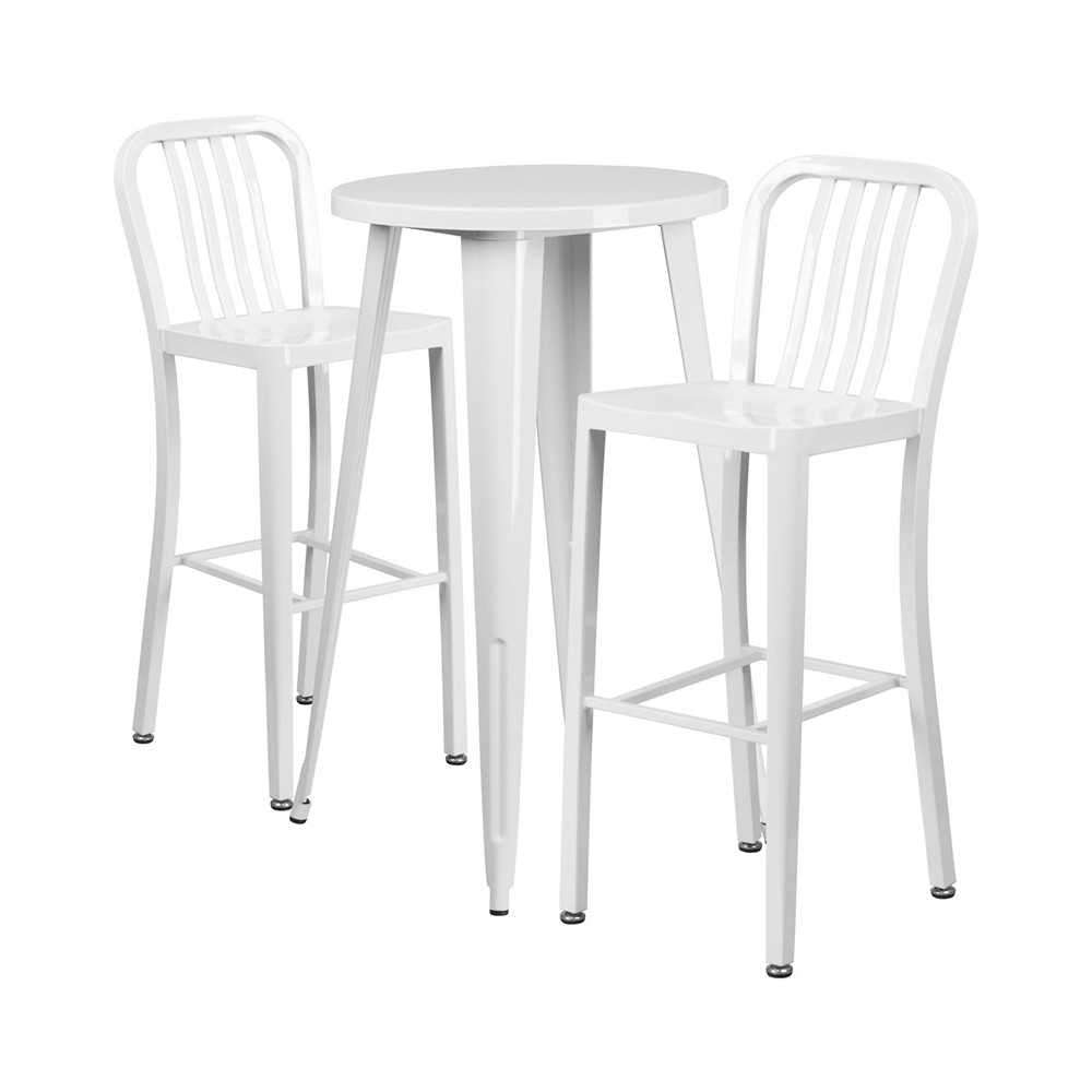 Commercial Grade 24" Round White Metal Indoor-Outdoor Bar Table Set with 2 Vertical Slat Back Stools