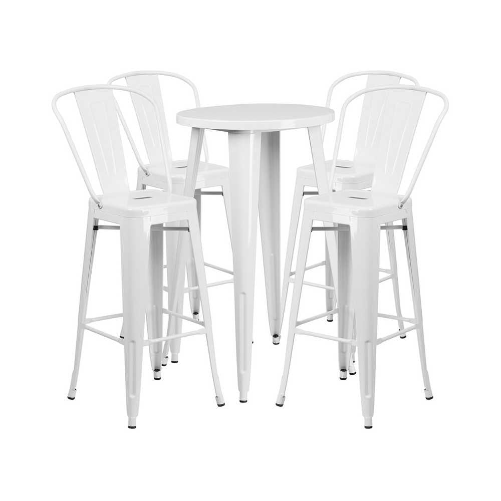 Commercial Grade 24" Round White Metal Indoor-Outdoor Bar Table Set with 4 Cafe Stools