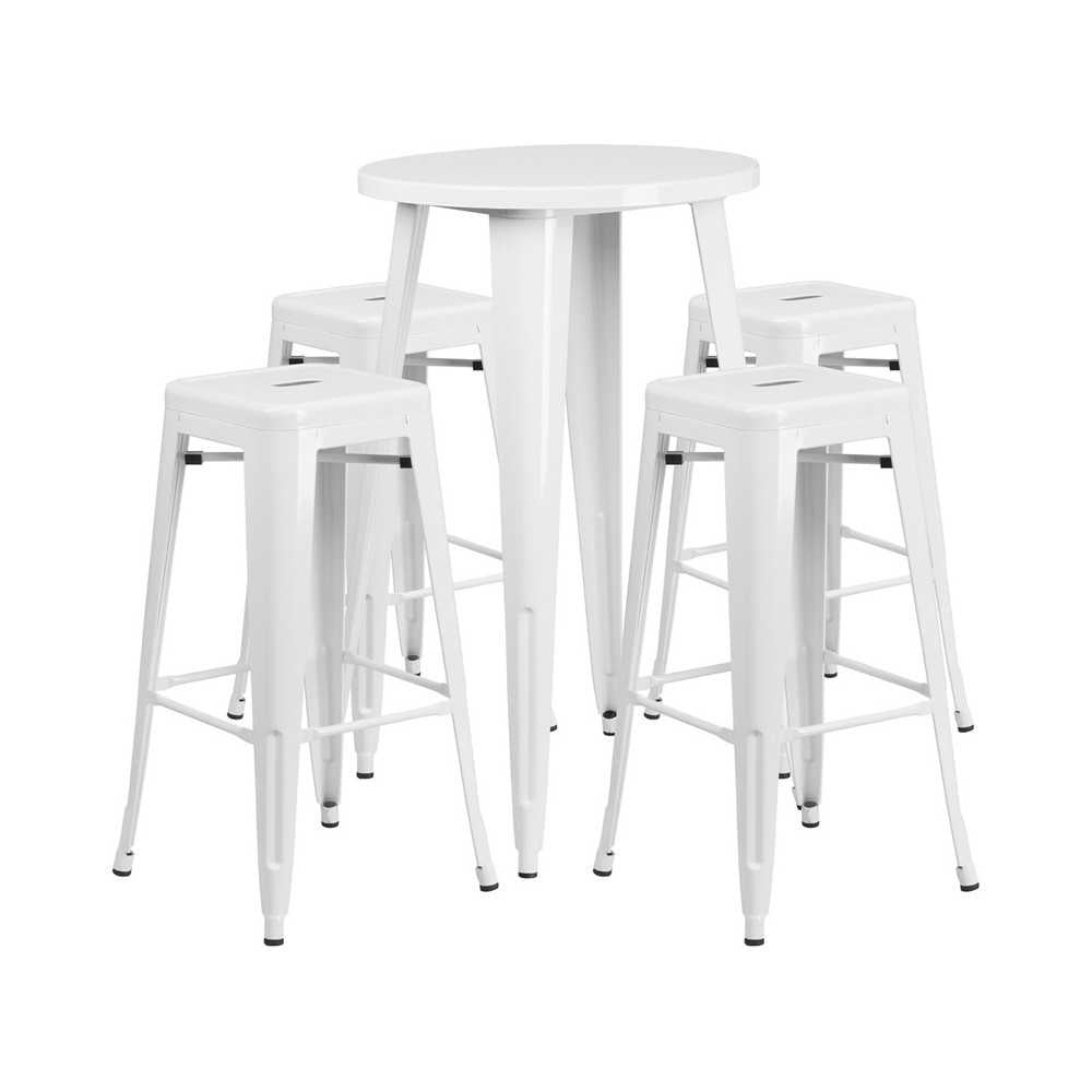 Commercial Grade 24" Round White Metal Indoor-Outdoor Bar Table Set with 4 Square Seat Backless Stools