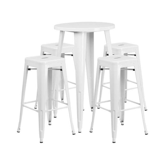 Commercial Grade 24" Round White Metal Indoor-Outdoor Bar Table Set with 4 Square Seat Backless Stools