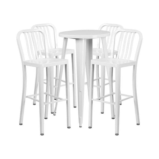 Commercial Grade 24" Round White Metal Indoor-Outdoor Bar Table Set with 4 Vertical Slat Back Stools