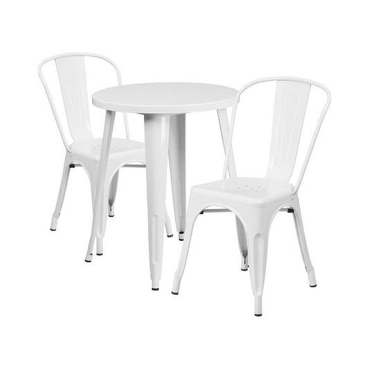 Commercial Grade 24" Round White Metal Indoor-Outdoor Table Set with 2 Cafe Chairs