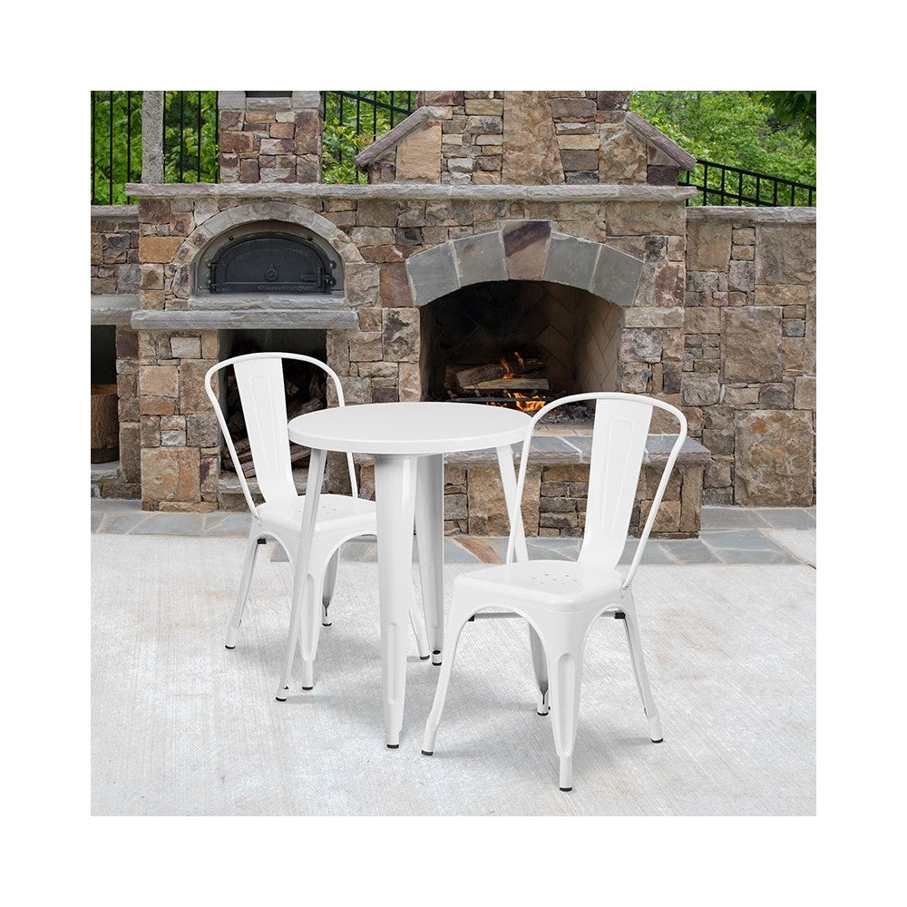 Commercial Grade 24" Round White Metal Indoor-Outdoor Table Set with 2 Cafe Chairs