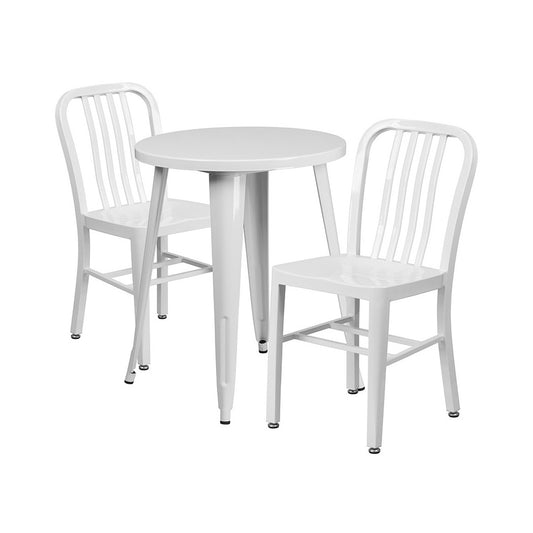 Commercial Grade 24" Round White Metal Indoor-Outdoor Table Set with 2 Vertical Slat Back Chairs