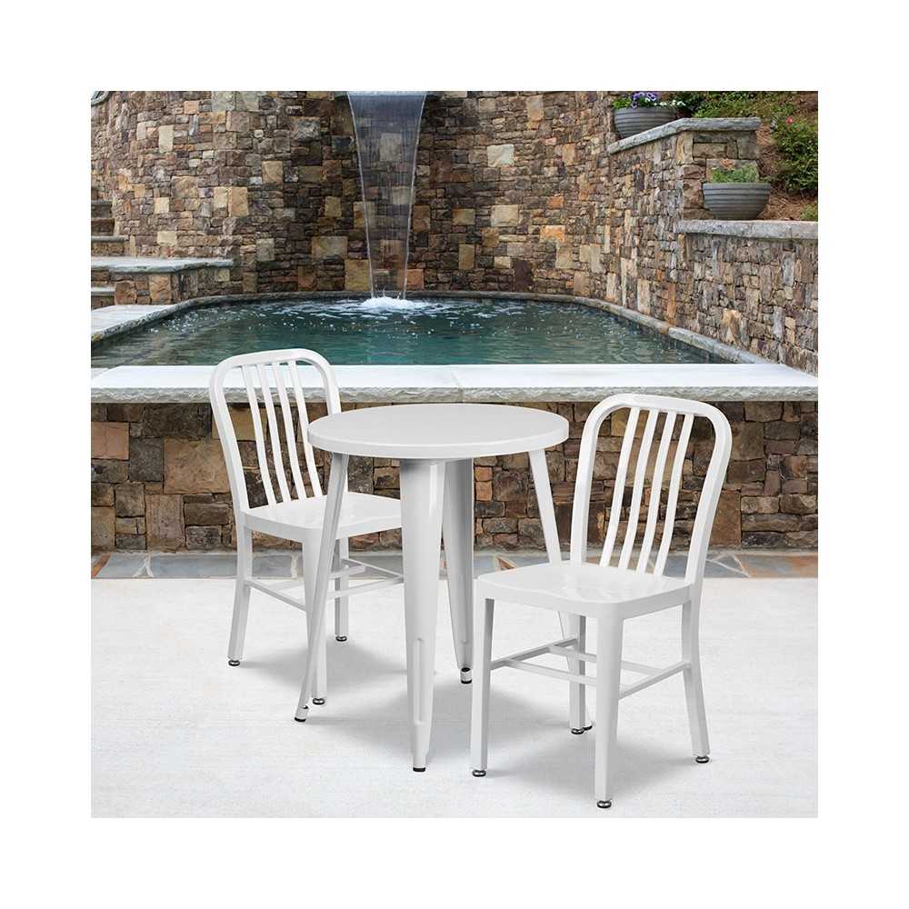 Commercial Grade 24" Round White Metal Indoor-Outdoor Table Set with 2 Vertical Slat Back Chairs