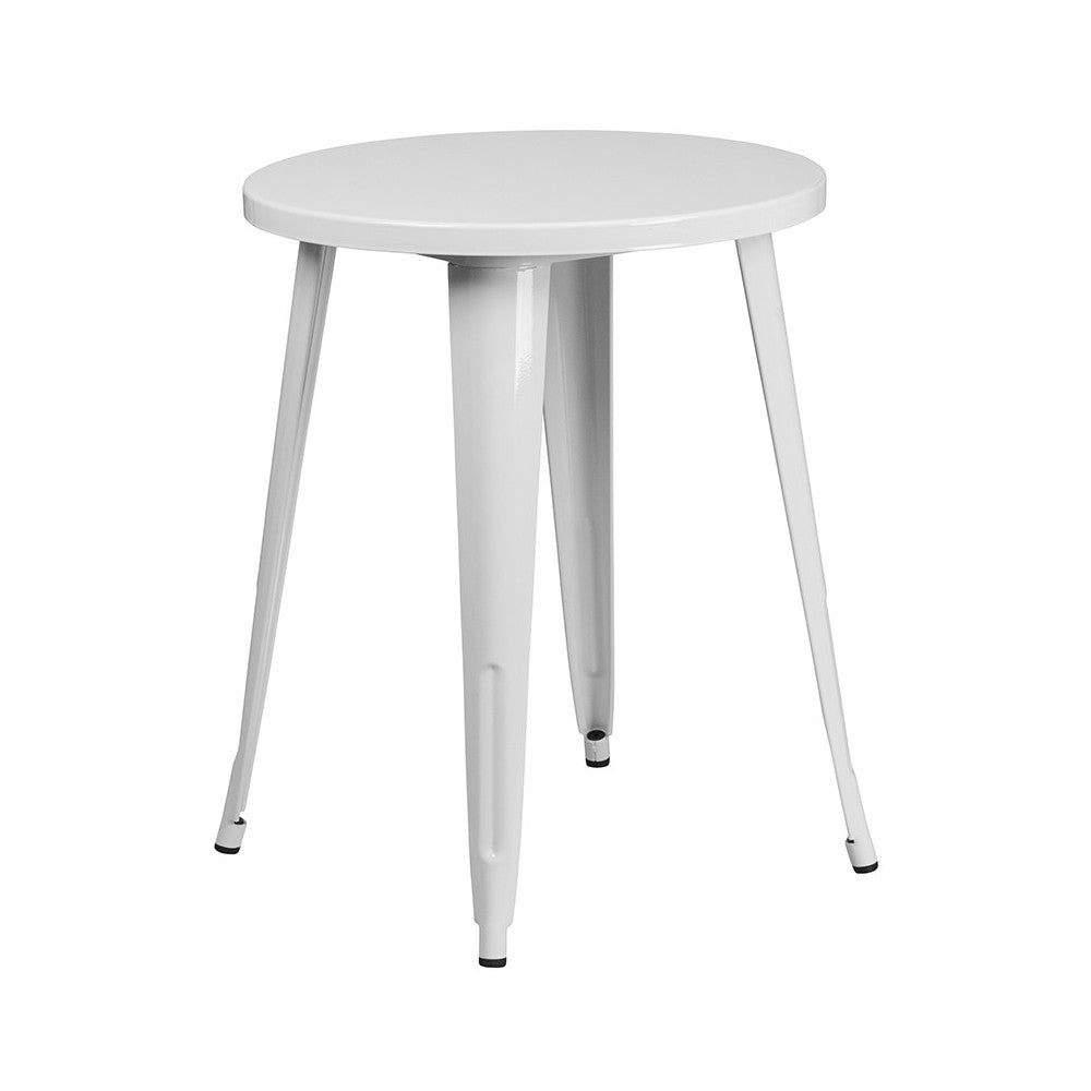 Commercial Grade 24" Round White Metal Indoor-Outdoor Table Set with 2 Vertical Slat Back Chairs