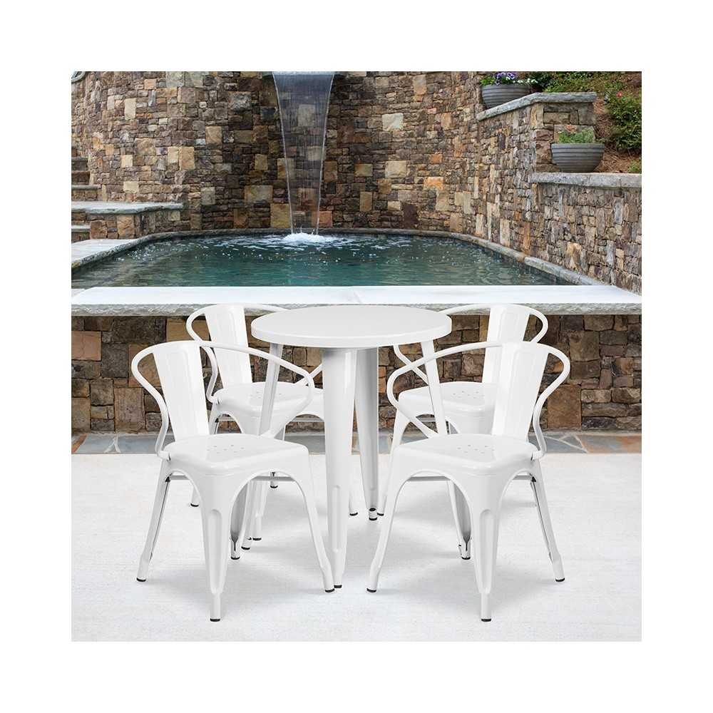 Commercial Grade 24" Round White Metal Indoor-Outdoor Table Set with 4 Arm Chairs