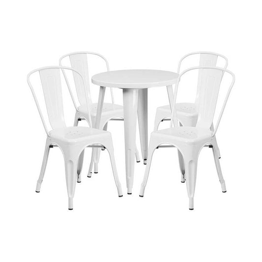 Commercial Grade 24" Round White Metal Indoor-Outdoor Table Set with 4 Cafe Chairs