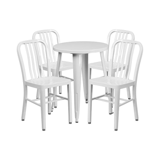 Commercial Grade 24" Round White Metal Indoor-Outdoor Table Set with 4 Vertical Slat Back Chairs