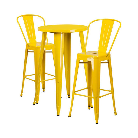 Commercial Grade 24" Round Yellow Metal Indoor-Outdoor Bar Table Set with 2 Cafe Stools