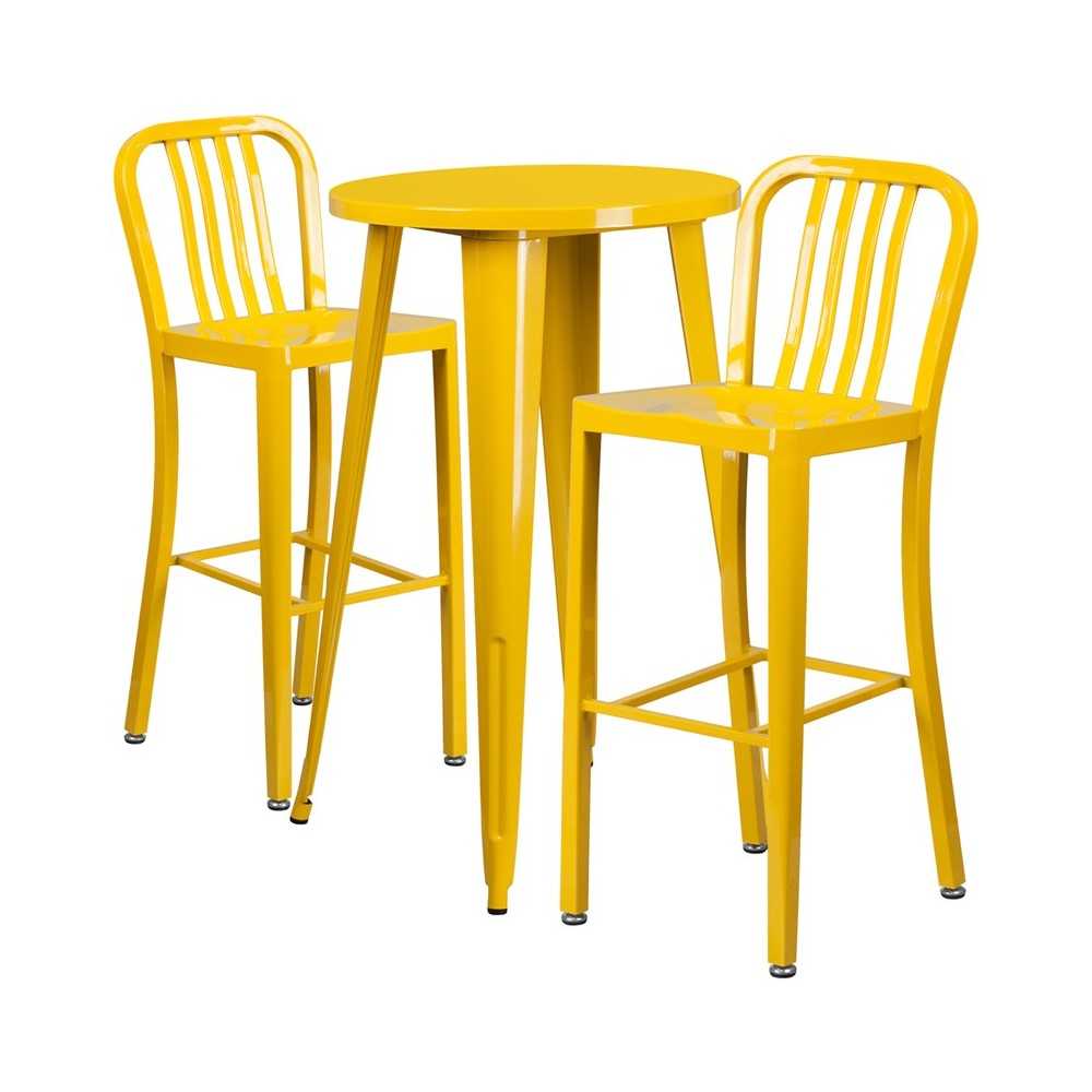 Commercial Grade 24" Round Yellow Metal Indoor-Outdoor Bar Table Set with 2 Vertical Slat Back Stools