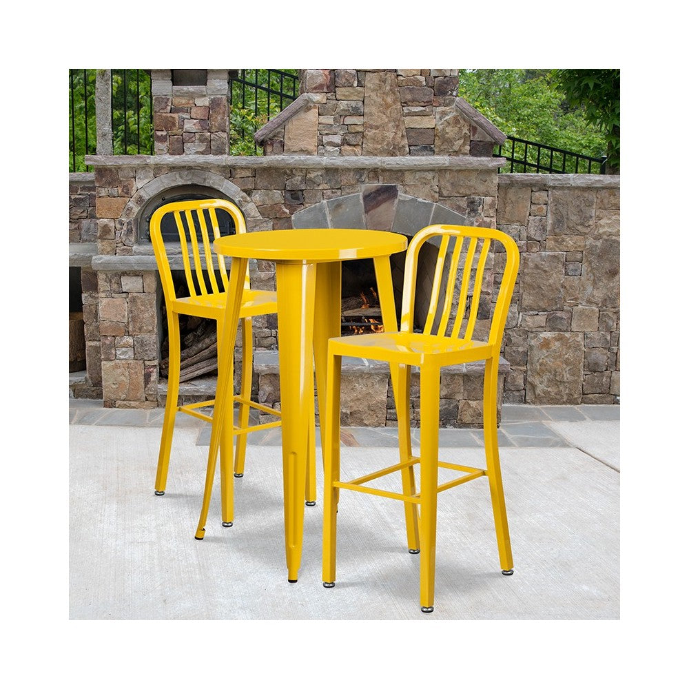 Commercial Grade 24" Round Yellow Metal Indoor-Outdoor Bar Table Set with 2 Vertical Slat Back Stools