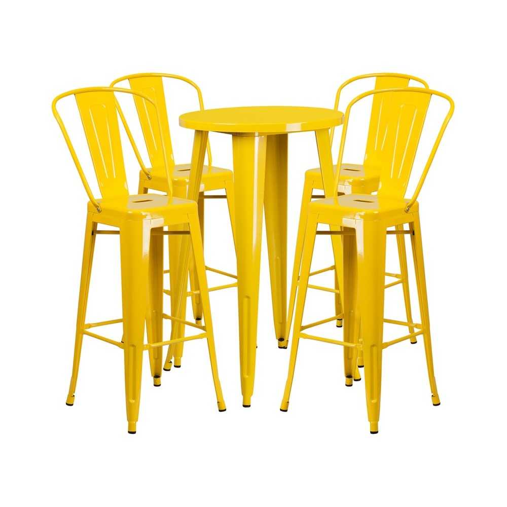 Commercial Grade 24" Round Yellow Metal Indoor-Outdoor Bar Table Set with 4 Cafe Stools