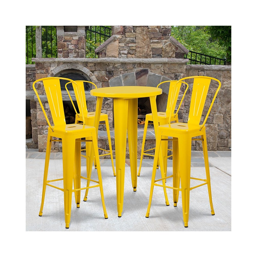 Commercial Grade 24" Round Yellow Metal Indoor-Outdoor Bar Table Set with 4 Cafe Stools