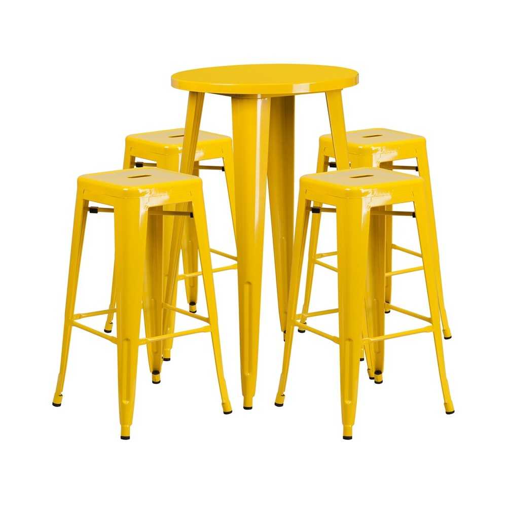 Commercial Grade 24" Round Yellow Metal Indoor-Outdoor Bar Table Set with 4 Square Seat Backless Stools