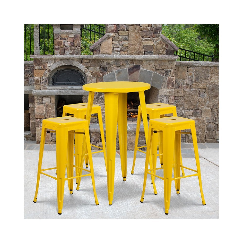Commercial Grade 24" Round Yellow Metal Indoor-Outdoor Bar Table Set with 4 Square Seat Backless Stools